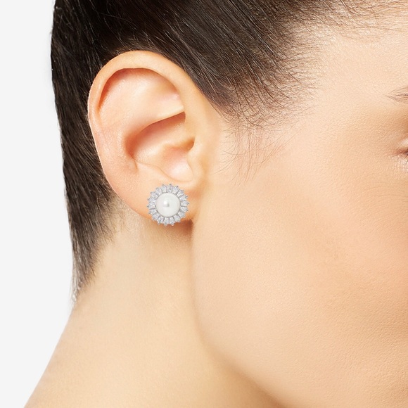 Pearl and CZ Earrings in Sterling Silver - Picture 2 of 2